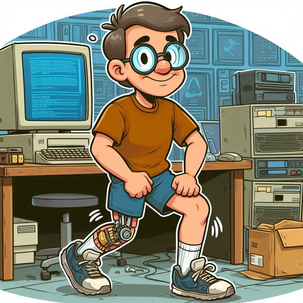 A cartoon of a person of around 50 years limbering up wearing trainers in an old computer lab.