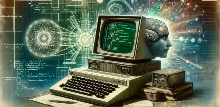 A old retro computer showing an intelligence emerging from the code running on it
