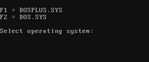 Screen shot that shows DOS Plus and MS DOS as start-up options to boot into.