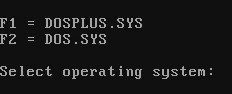 Screen shot that shows DOS Plus and MS DOS as start-up options to boot into.
